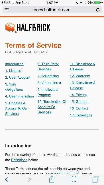 Screenshot of Fruit Ninja website and its Terms of Service agreement