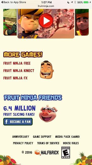 Screenshot of Fruit Ninja website and its links in the footer