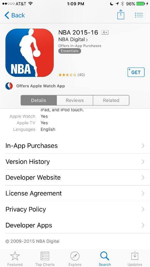 The NBA iOS app and its profile: Show the License Agreement link