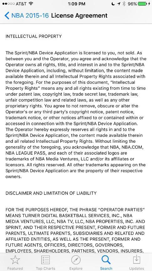 Text of License Agreement of NBA iOS app