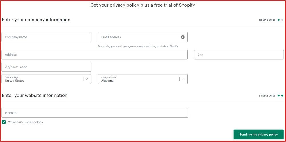 Screenshot of Shopify Privacy Policy Generator
