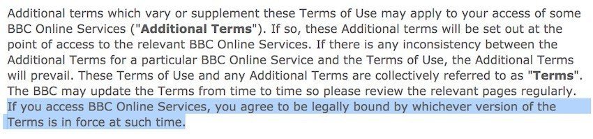 Legally bound clause in BBC Terms of Use