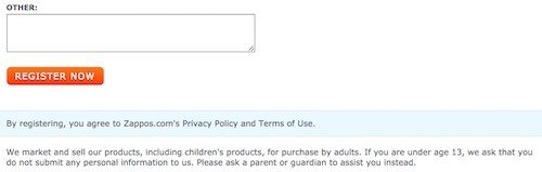 Zappos sign-up: Must agree to Terms of Use & Privacy Policy before