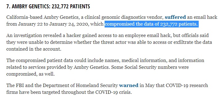 Health IT Security article: 10 Biggest Healthcare Data Breaches of 2020 - Ambry Genetics excerpt