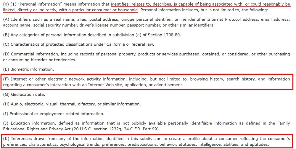 California Legislative Information: CCPA - Definition of Personal Information