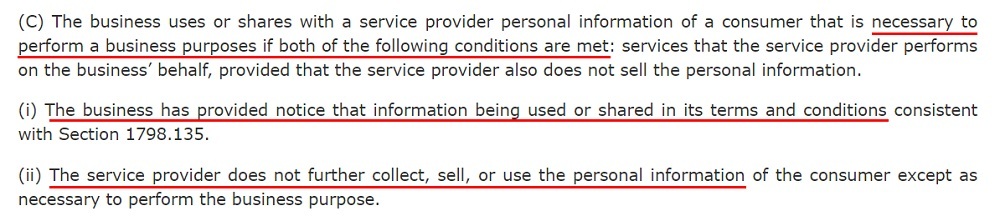 California Legislative Information: CCPA - Service Provider exemption to the definition of selling