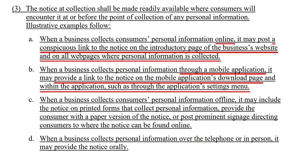 Final Text of Regulations: CCPA - Section 999 305 - Notice at Collection of Personal Information - Shall be readily available