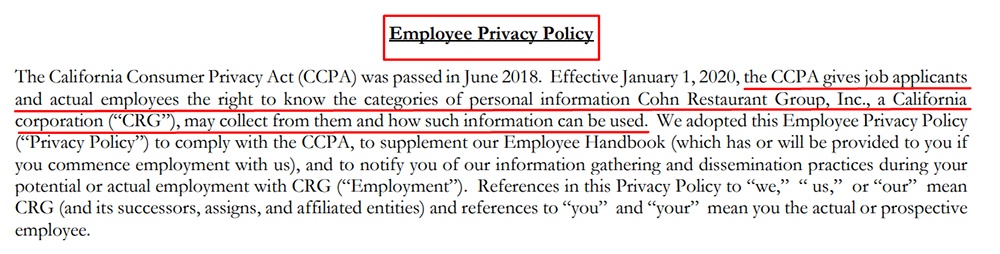 Cohn Restaurant Group Employee Privacy Policy: Intro clause