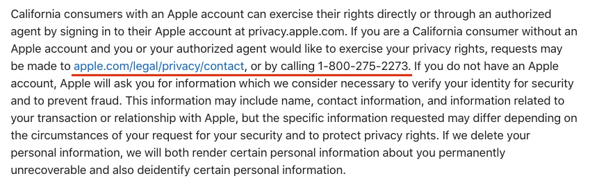 Apple California Privacy Disclosures: How to exercise rights section