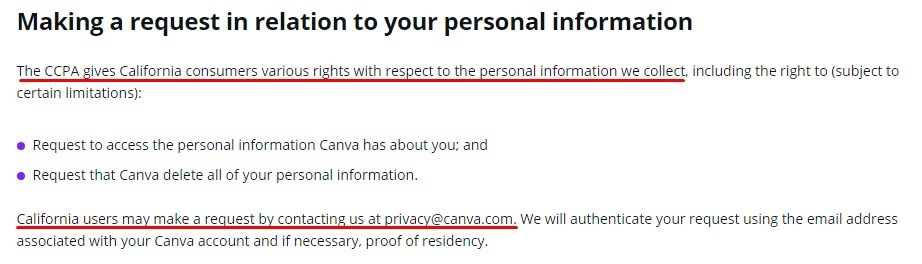 Canva Privacy Policy: Making a request in relation to your personal information clause