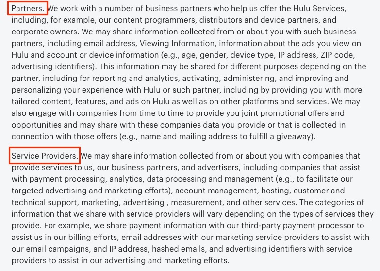 Hulu Privacy Policy: Sharing Information with Others clause excerpt