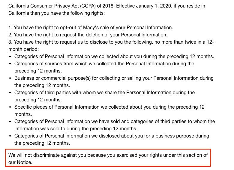 Macys Notice of Privacy Practices: CCPA section with non-discrimination statement highlighted