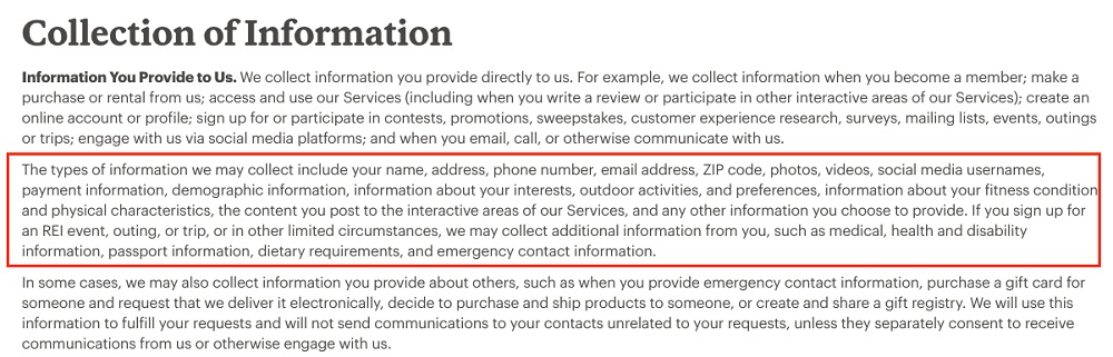 REI Privacy Policy: Collection of Information clause - Information You Provide to Us section
