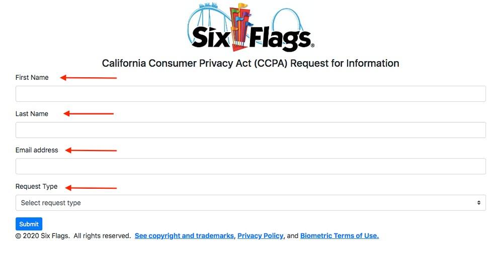 Six Flags: Screenshot of CCPA Request for Information form