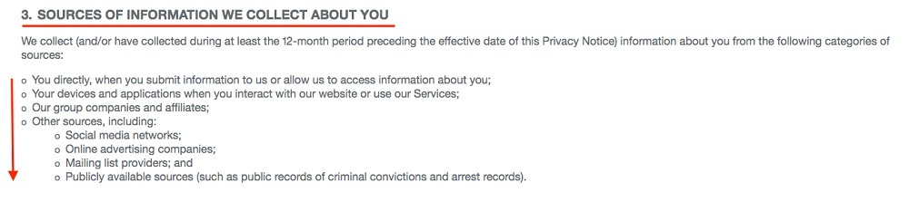 Weebly Privacy Policy: Sources of Information We Collect About You clause