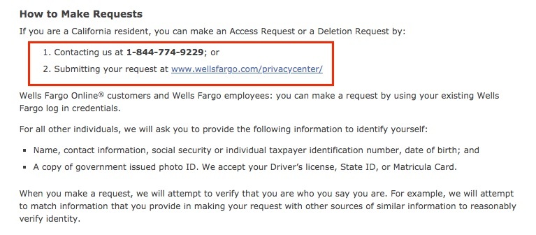 Wells Fargo CCPA Notice: How to Make Requests clause
