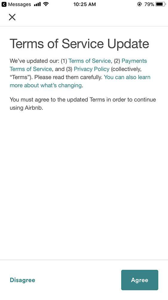 Airbnb: Mobile app Terms of Service update notification screen with clickwrap Agree