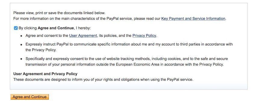 PayPal: Consent on User Agreement and Privacy Policy
