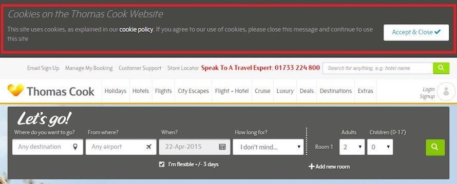 Thomas Cook Cookies Notification in the Header