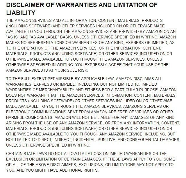 Disclaimer of warranties from Amazon Conditions of Use