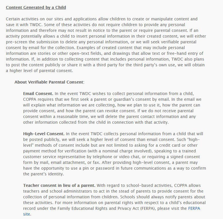 Disney Jr. COPPA Privacy Policy: Content Generated by a Child