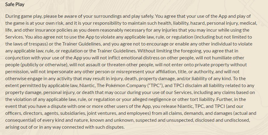 Pokemon GO: Safe Play clause in Terms & Conditions