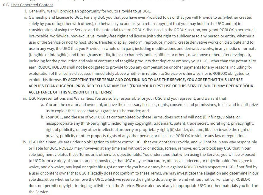 Roblox game platform: User-generated content clause in Terms & Conditions