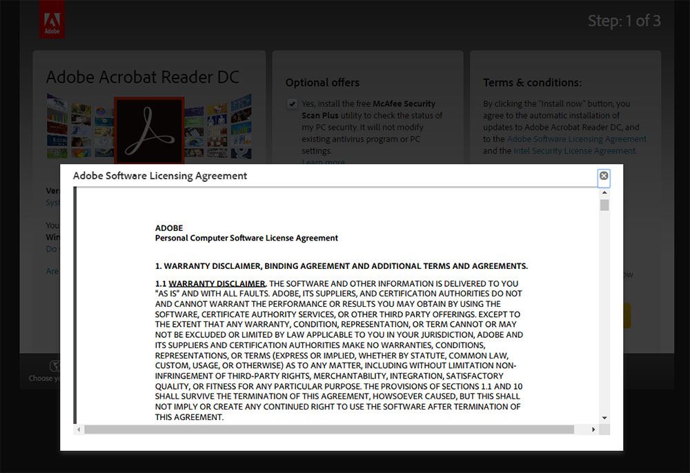 Adobe Acrobat Reader: Window of EULA