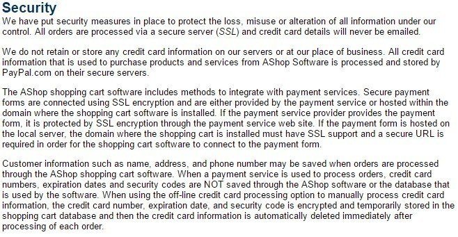 Security Section in AShop Privacy Policy