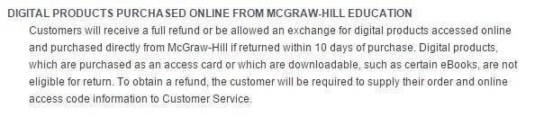 Screenshot of Return Policy of McGraw Hill Education