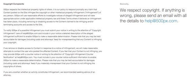 Copyright Complaints in 500px Terms of Service