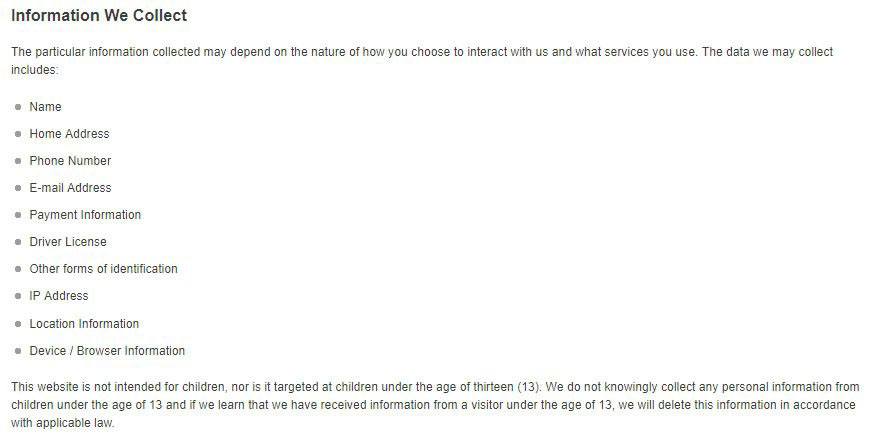 Uhaul's Privacy Policy Information We Collect Clause with List