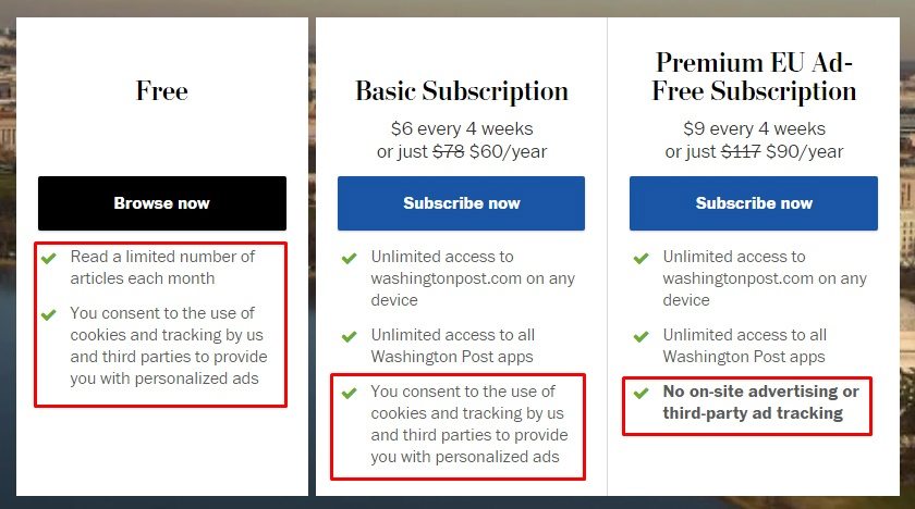 Washington Post subscribe page with different options and consent to cookies highlighted
