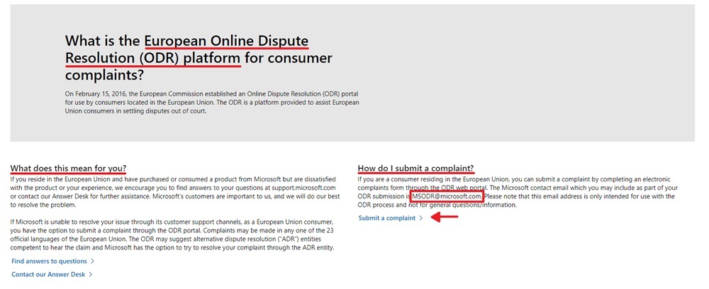 Microsoft EU ODR page