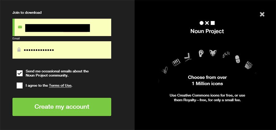 The Noun Project create account pop-up with pre-checked box for email signup consent: Not GDPR compliant