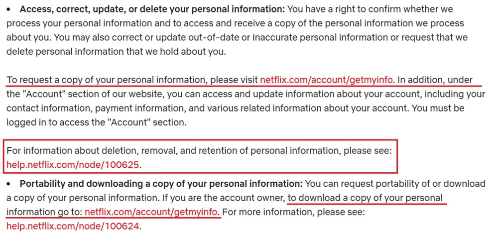 Netflix Privacy Policy: Access correct update delete personal information clause