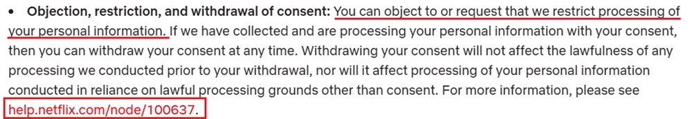 Netflix Privacy Policy: Withdrawal of Consent clause
