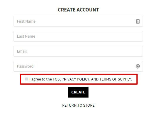 Blackmill store registration: Clickwrap with ToS, Privacy and Terms of Supply