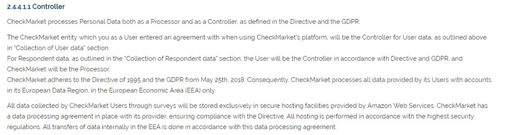 CheckMarket GDPR Privacy Policy: Data Controller clause for GDPR requirements