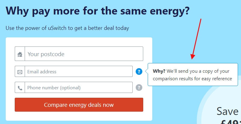 uSwitch data collection form with email field Privacy Notice