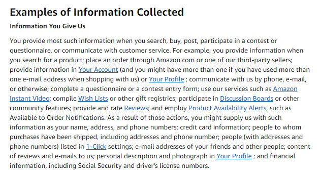 Amazon Privacy Notice: Examples of Information Collected clause