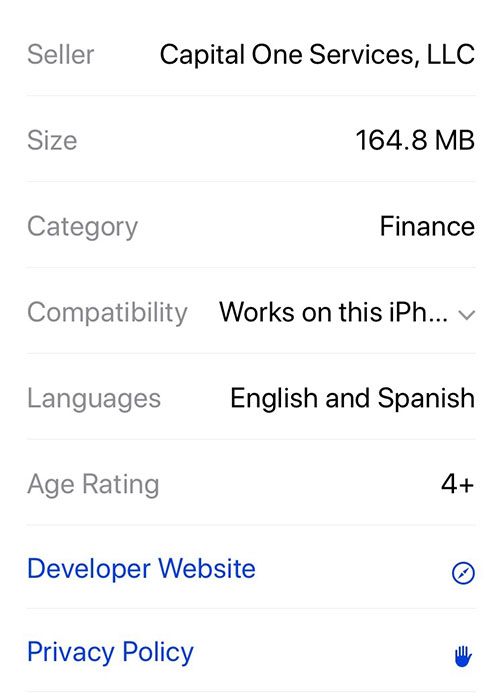 Capital One Apple Store app with link to Privacy Policy
