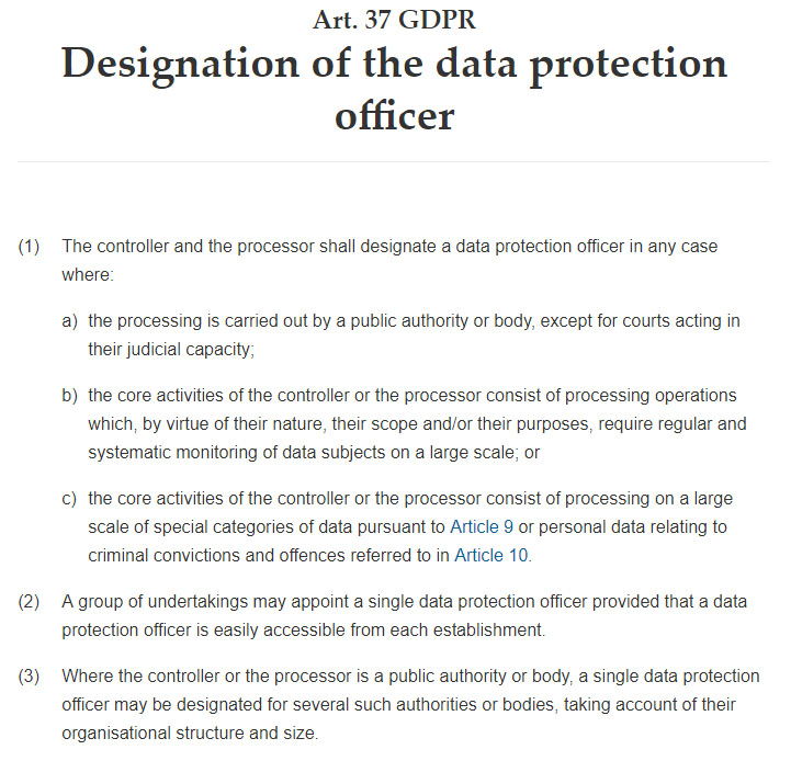 Intersoft Consulting: GDPR Article 37: Designation of the data protection officer - first clauses