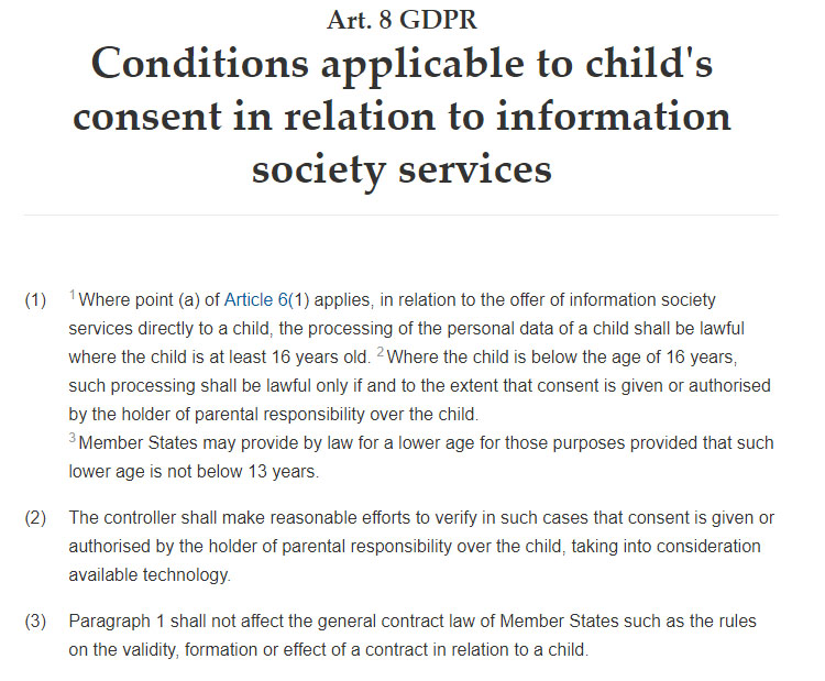 Intersoft Consulting: GDPR Article 8: Conditions applicable to child's consent in relation to information society services