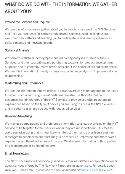 NYT Privacy Policy: What do we do with the information we gather about you clause