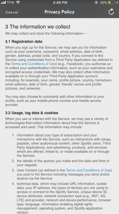 Spotify's mobile app Privacy Policy: Information We Collect clause