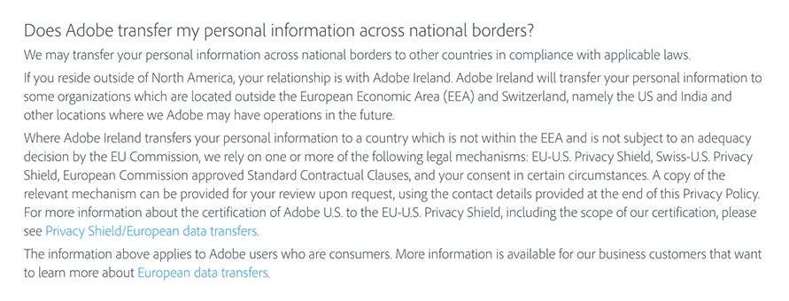 Adobe Privacy Policy: International data transfer clause