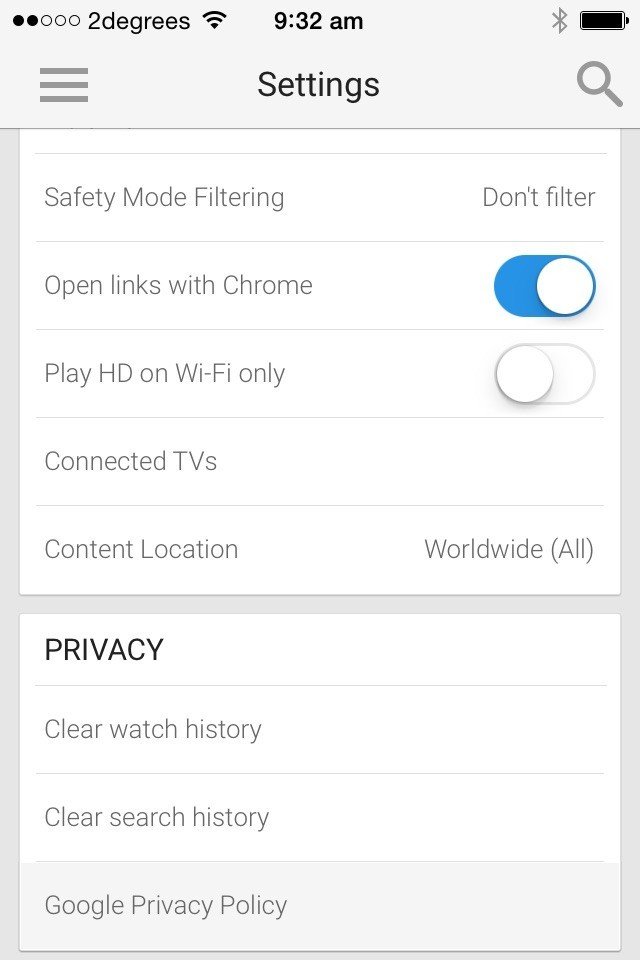YouTube iOS App: Full Screen Showing Privacy Section