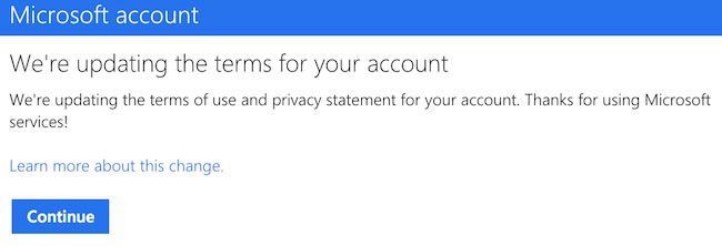 Microsoft Updates Terms Continue Notification