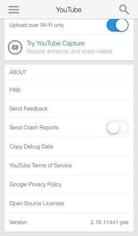 YouTube on iOS: About screen